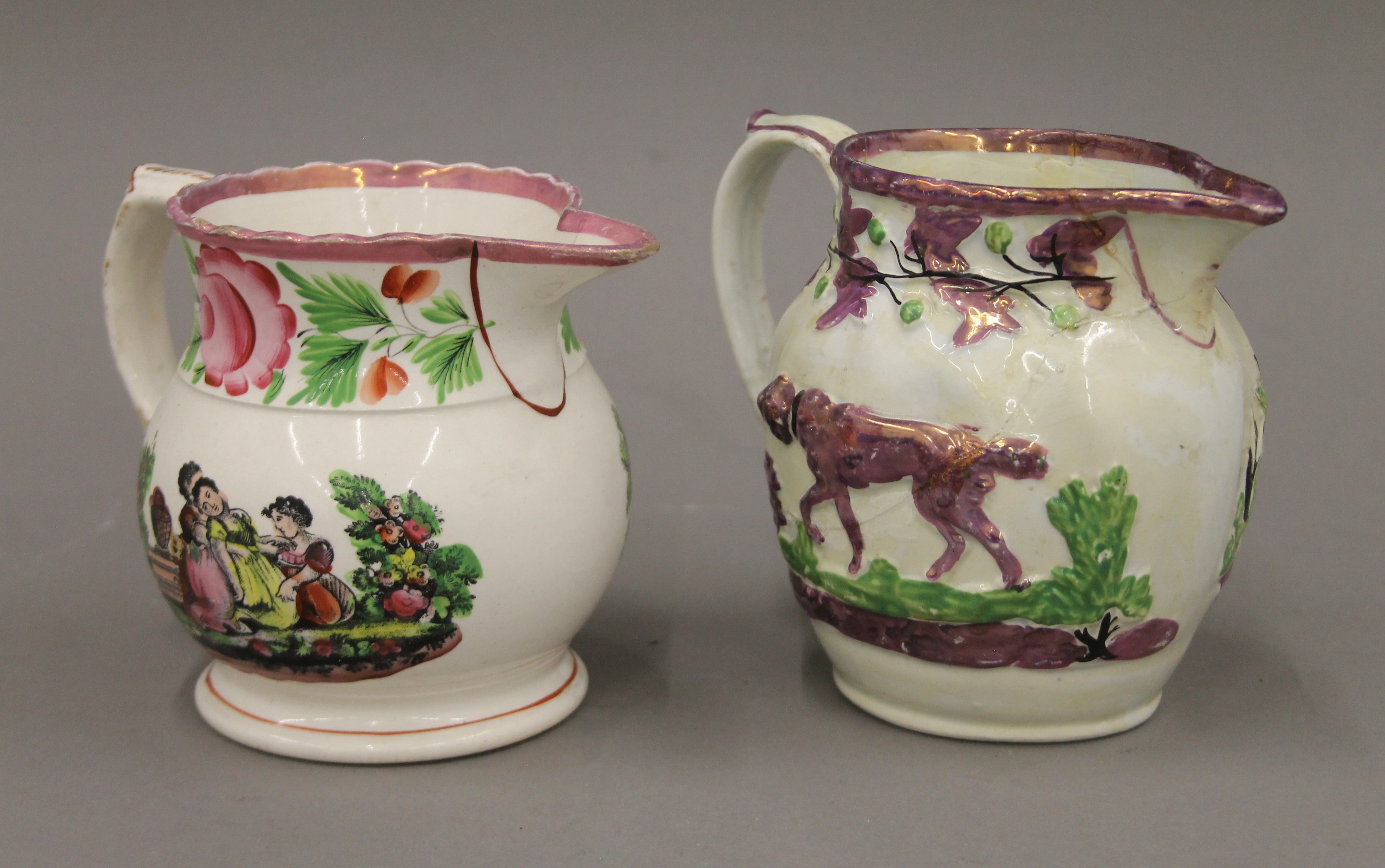 Two 19th century pottery Staffordshire jugs. The largest 12 cm high.