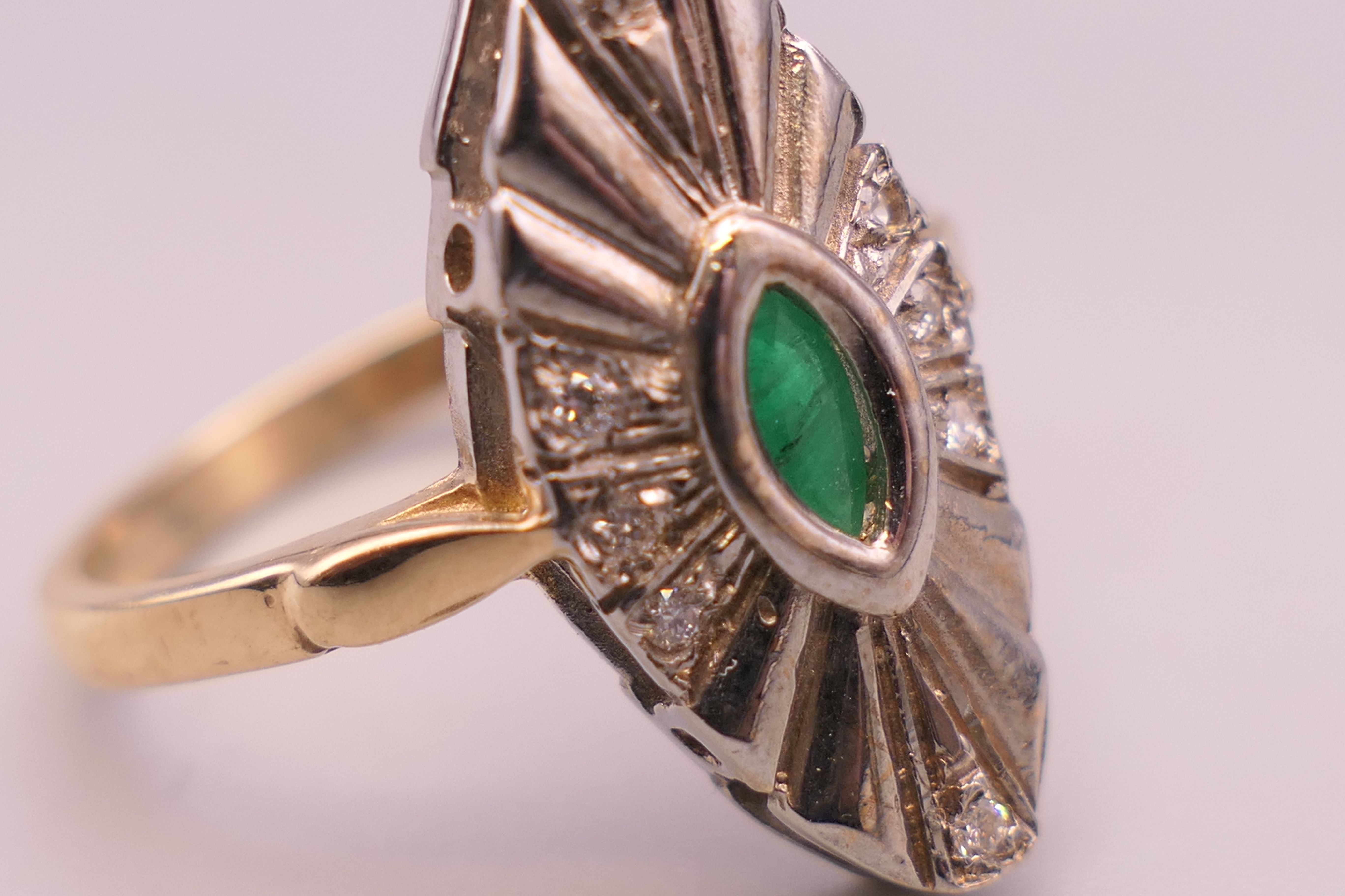 A 9 ct gold, emerald and diamond navette ring. Ring size T/U. 4.2 grammes total weight. - Image 5 of 5