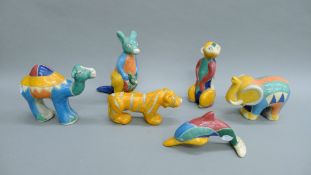 Six pieces of South African Raku Studio pottery, each in the form of an animal.