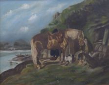 NAIVE SCHOOL (19th century), A Horse and Dogs by a Cottage, oil on canvas, framed. 27 x 21 cm.