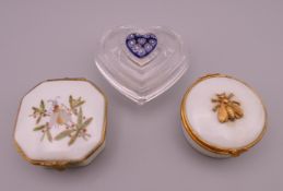 Two Limoges porcelain boxes and a heart shaped Murano glass trinket box. Bee motif box 5.