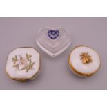 Two Limoges porcelain boxes and a heart shaped Murano glass trinket box. Bee motif box 5.