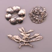 Three silver brooches. Sycamore brooch 7 cm wide.