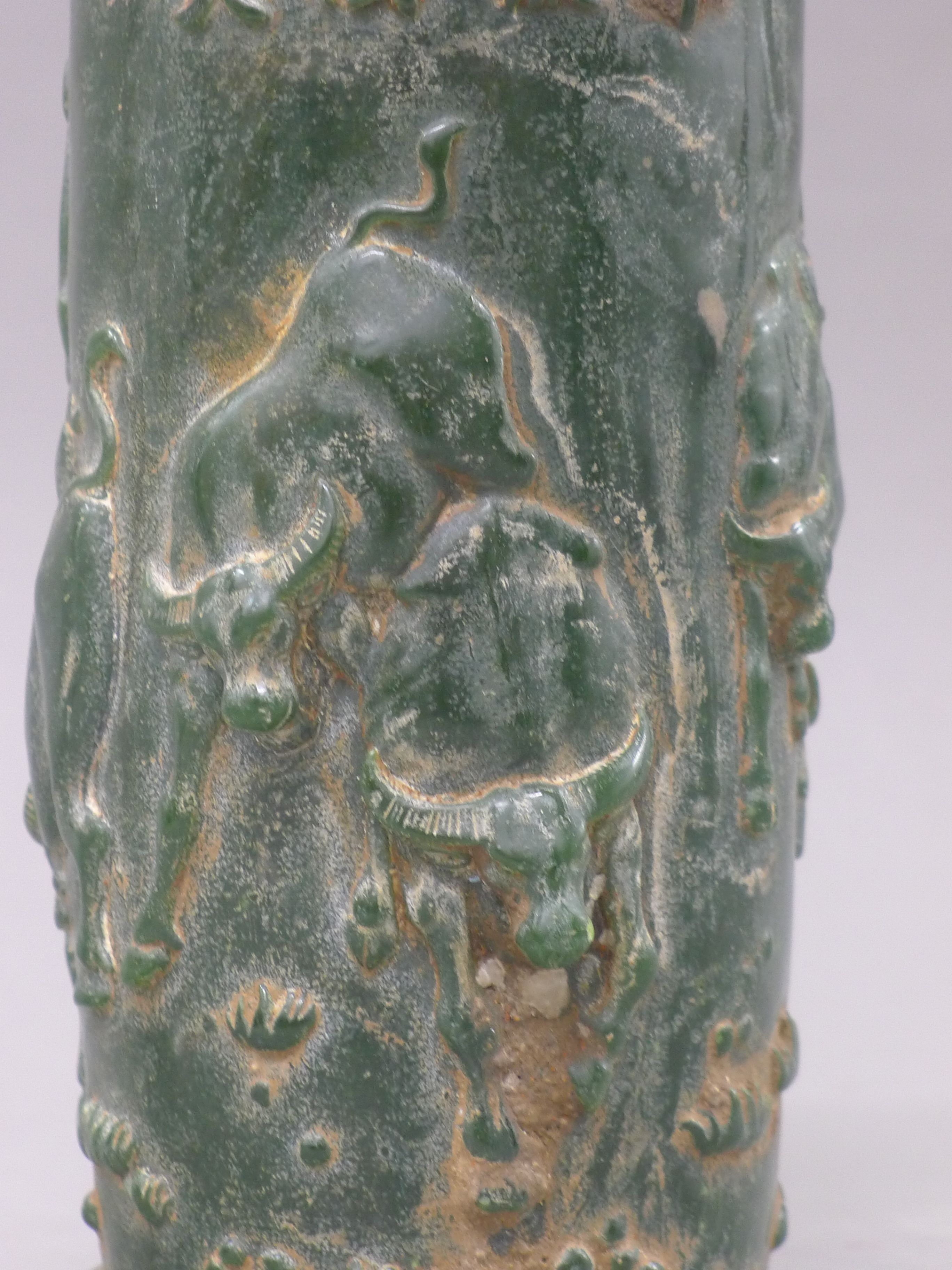 A Chinese hardstone brush pot carved with bulls. 20 cm high. - Image 3 of 5