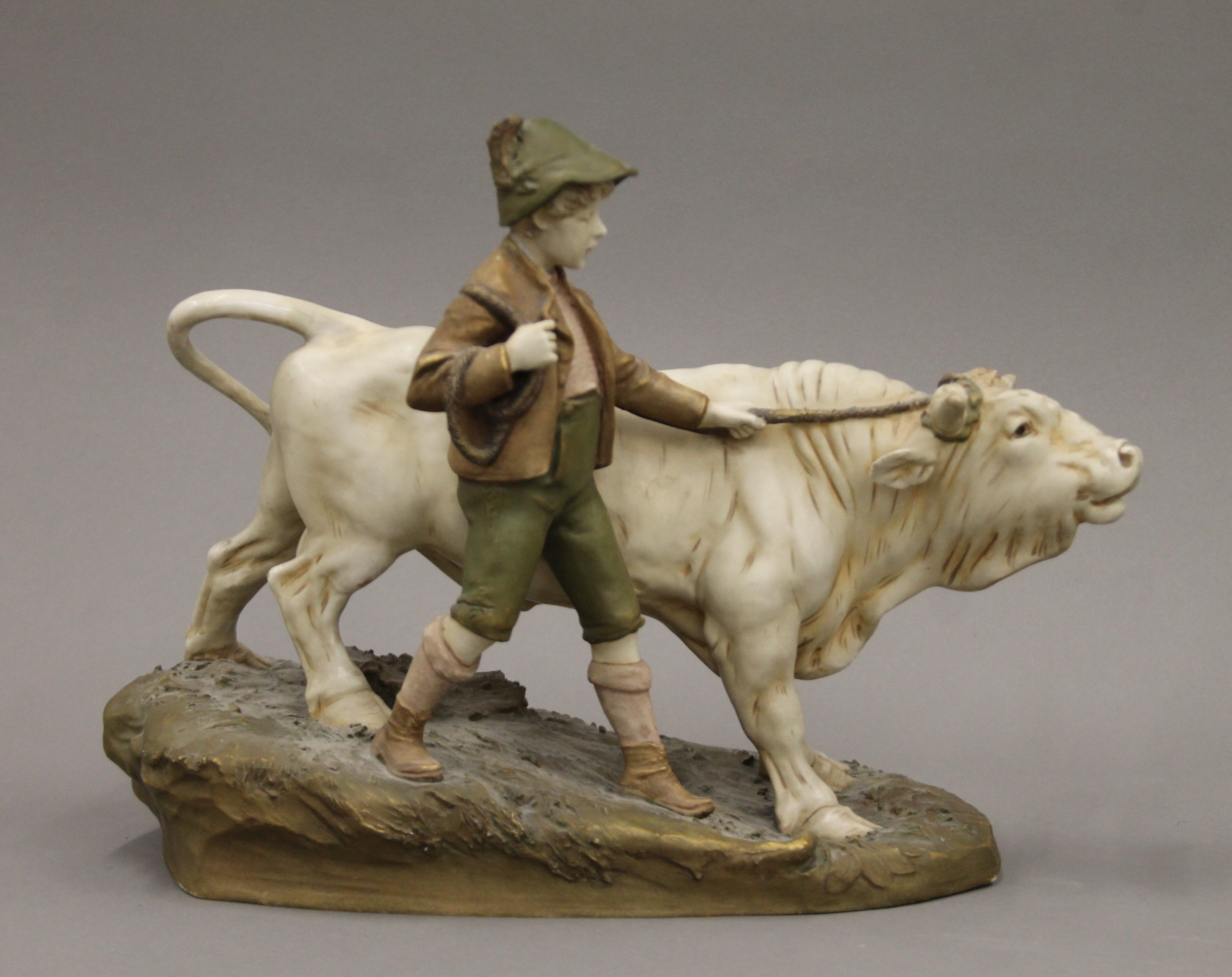 Two Royal Dux porcelain bull groups. Boy with bull 35 x 28 cm, other 30 x 27.5 cm. - Image 2 of 7