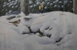 MICHAEL KITCHEN-HURLE (British), Goldfinches in Snow, watercolour, signed and dated '86,