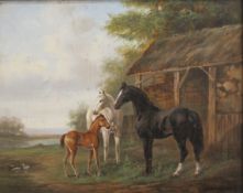 DAVID RONALD, Horses Beside a Stable, a pair of oils on panel, each framed. 29 x 23 cm.