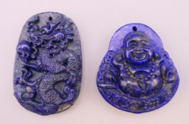 Two lapiz pendants. Buddha form pendant 3.5 cm high.