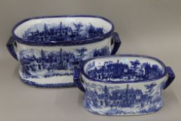 Two blue and white porcelain foot baths. The smallest 36 cm wide.