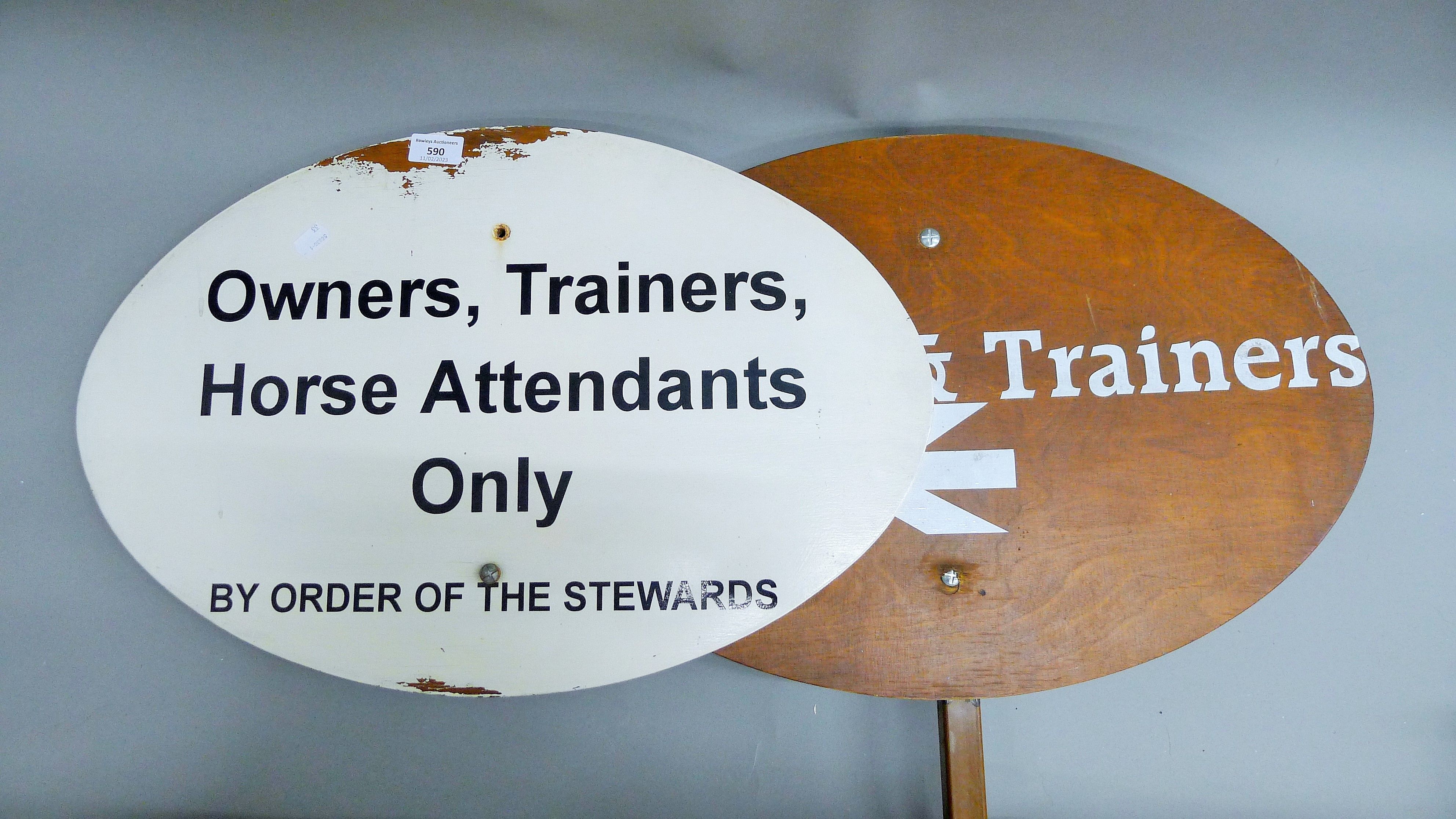 Two Newmarket Racecourse Owners and Trainers signs. Each 59.5 cm wide x 39.5 cm high x 1 cm deep.