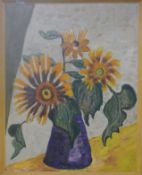 After VAN GOGH, Large Sunflowers, oil on board, framed. 59 x 74 cm.