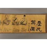 A Chinese floor scroll painted with numerous figures and calligraphy. Approximately 380 cm long.