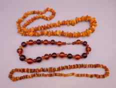 Three amber necklaces. Largest approximately 80 cm long.