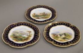 Three Coalport porcelain cabinet plates painted with Monk Hall,