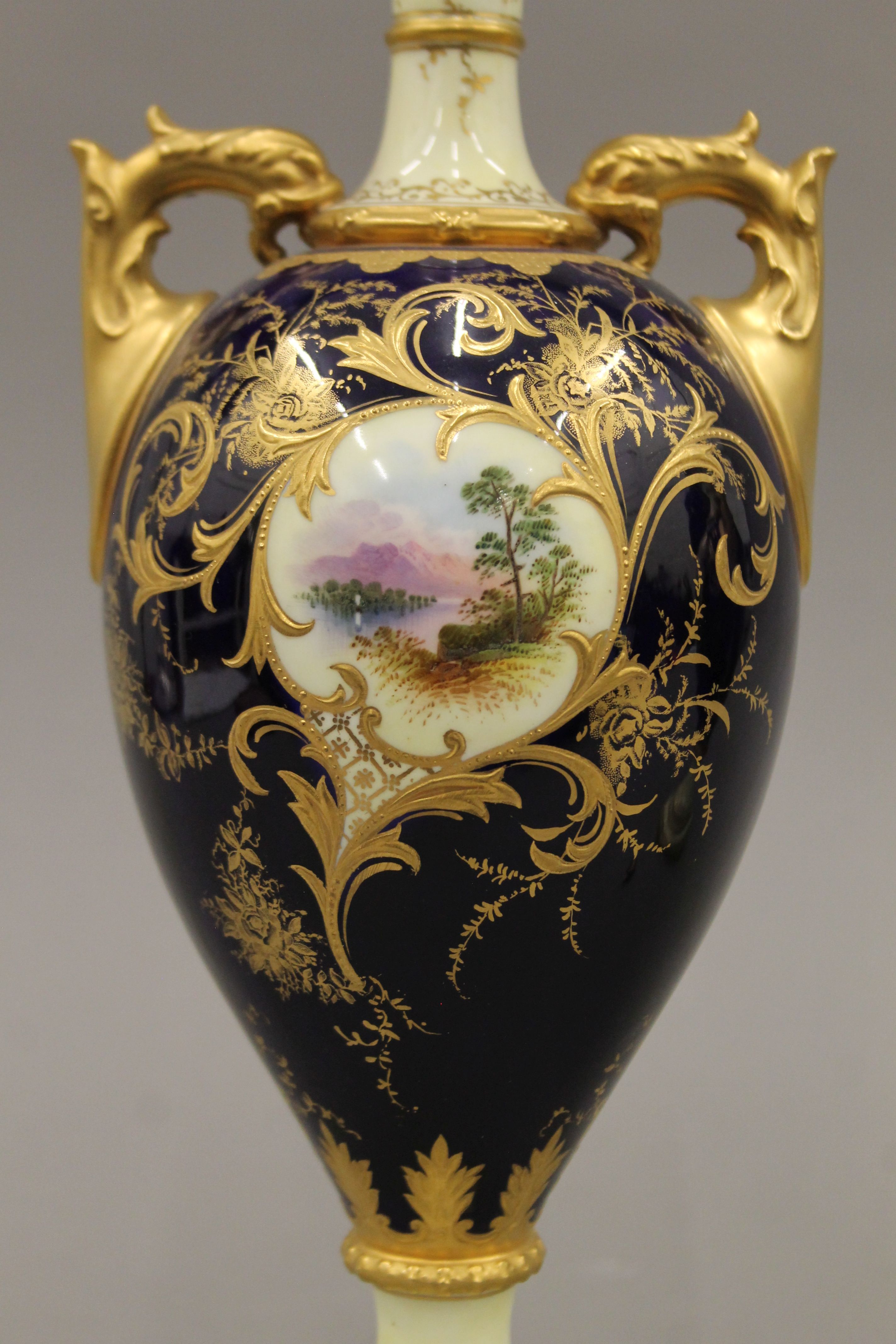 A pair of Coalport porcelain lidded vases. 33 cm high. - Image 3 of 9