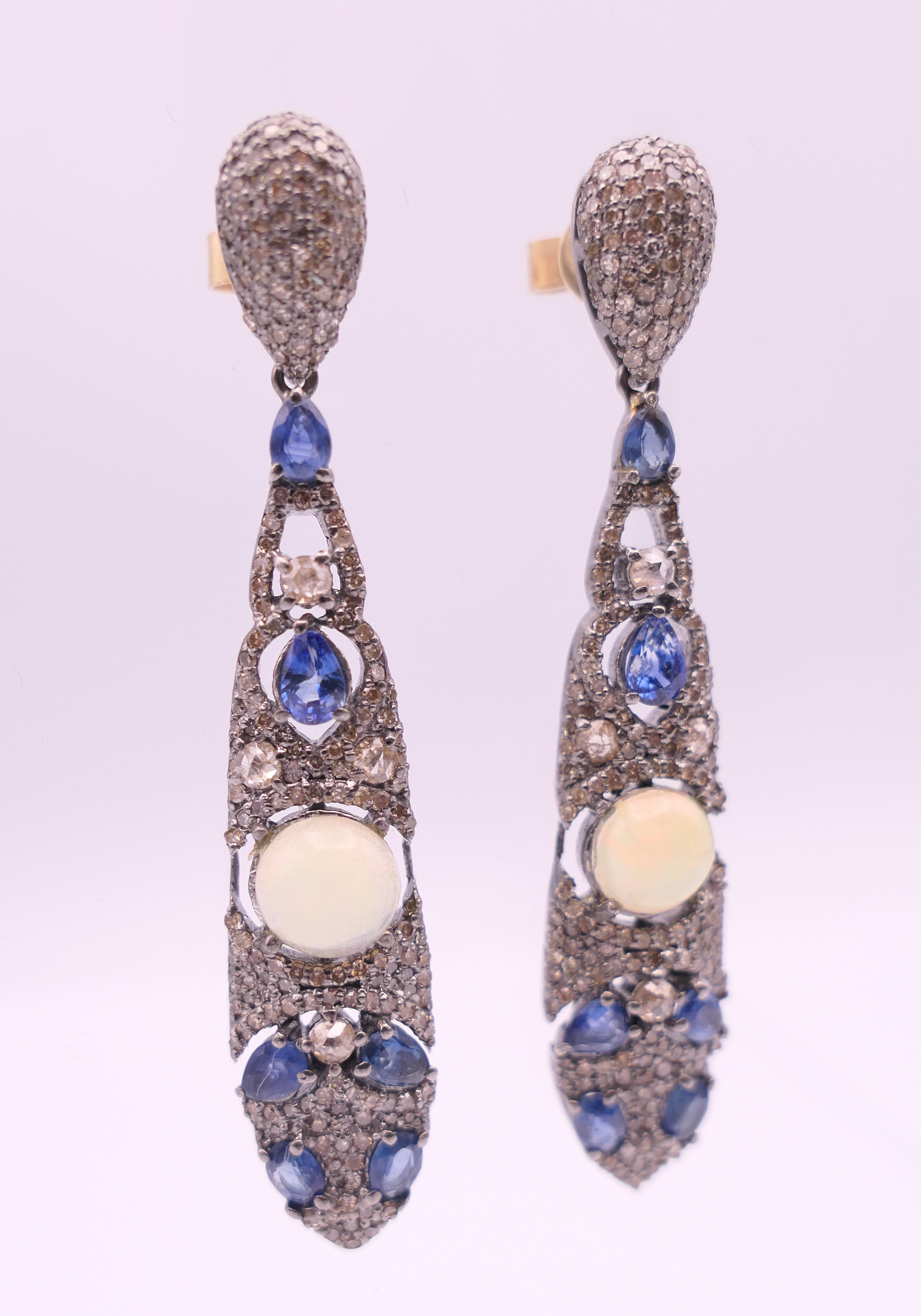 A pair of opal, diamond and sapphire earrings. 5.75 cm high. - Image 2 of 7