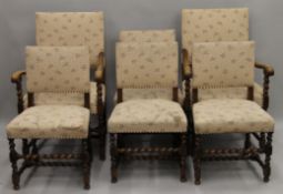 A set of six early 20th century oak barley twist dining chairs.