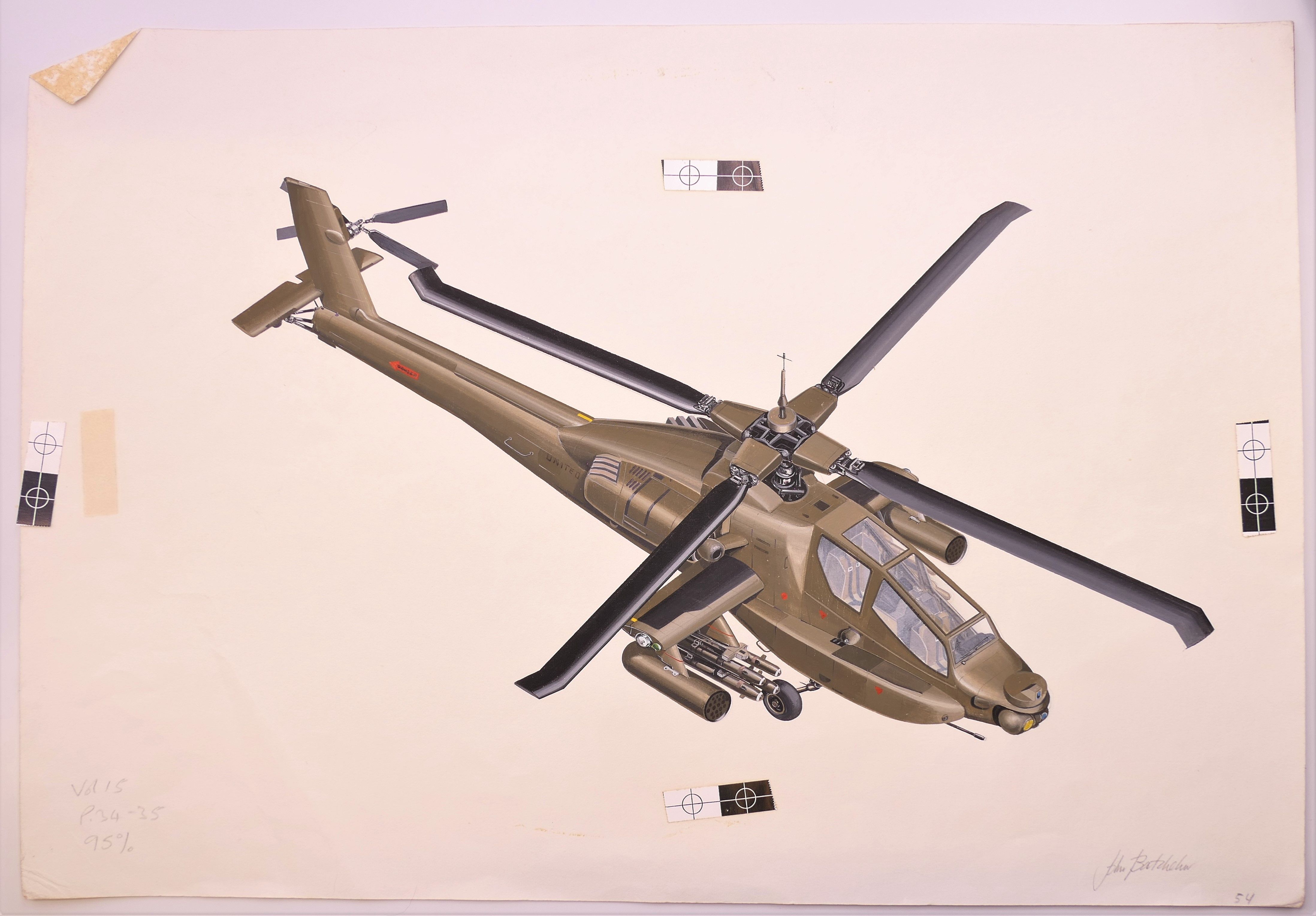 JOHN BATCHELOR MBE (born 1936) British (AR), Apache; Huey; and Bell 47, gouache, all signed,