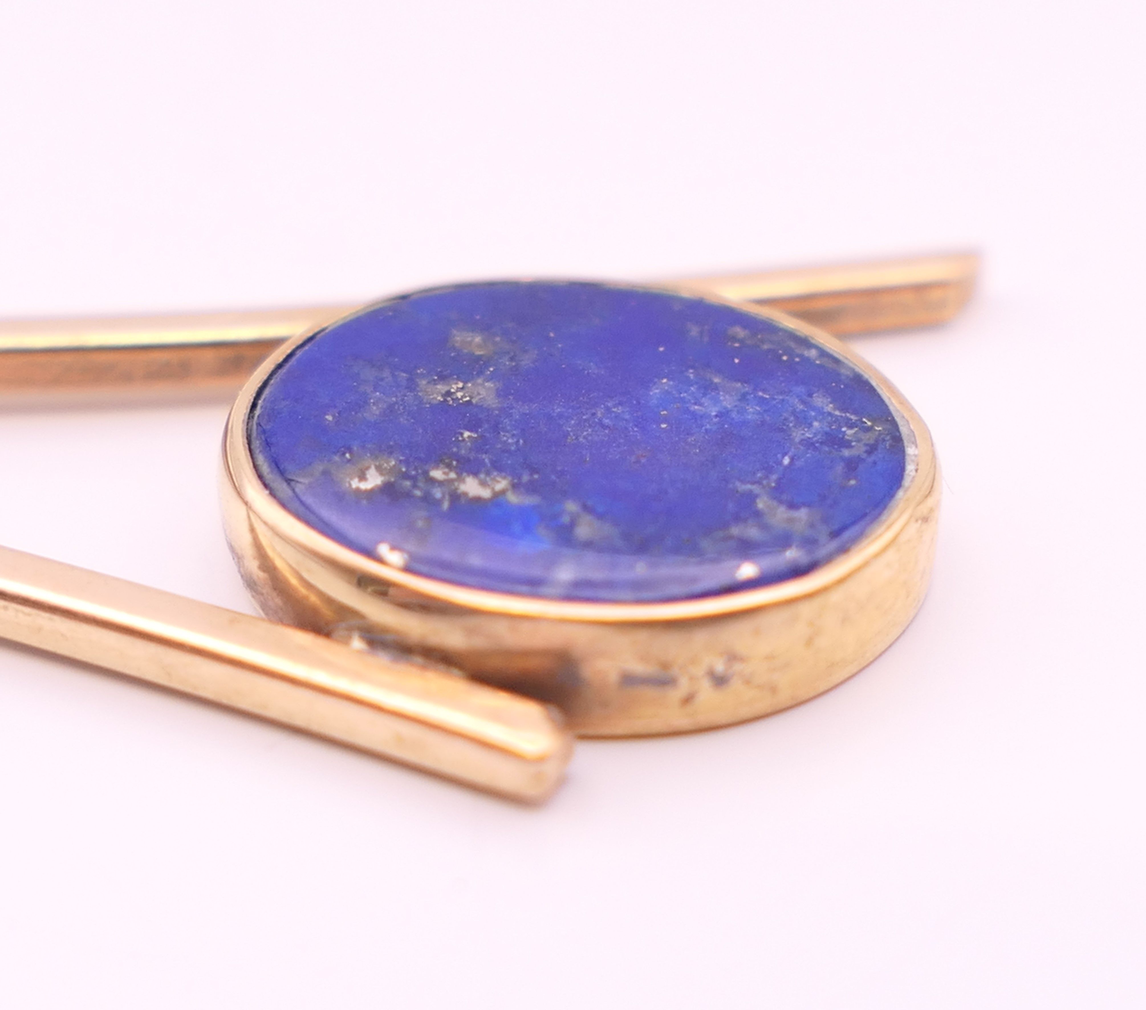 A pair of 9 ct gold and lapis drop earrings. 4.5 cm high. 5.9 grammes total weight. - Image 7 of 7