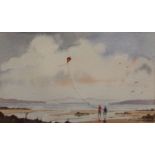 K DAY, Kite Flying on the Beach, watercolour, signed, framed and glazed. 15 x 9.5 cm.