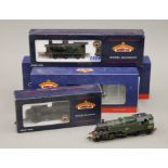 A quantity of train set accessories, trains, carriages, etc., including boxed Bachmann locomotives.