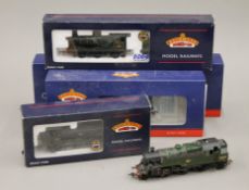 A quantity of train set accessories, trains, carriages, etc., including boxed Bachmann locomotives.