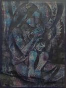A purple abstract print of a mother and child, framed and glazed. 43 x 57 cm.