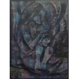 A purple abstract print of a mother and child, framed and glazed. 43 x 57 cm.