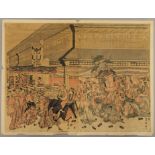An early Japanese coloured print. Approximately 54 x 41 cm.