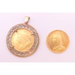 An 1894 sovereign in a 9 ct gold pendant mount (11.8 grammes total weight) and an 1888 sovereign.