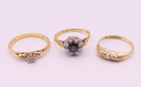 Three various 18 ct gold rings. 10 grammes total weight.
