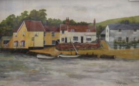 A ROBINSON, Pin Mill, oil on board, framed and glazed. 44 x 27.5 cm.