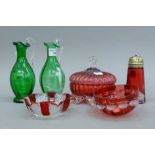 Two Mary Gregory style glass ewers and various cranberry glass.