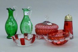 Two Mary Gregory style glass ewers and various cranberry glass.