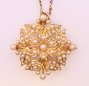 A 15 ct gold and seed pearl pendant/brooch on a 9 ct gold chain.