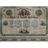State of South Carolina 1000 share certificate, framed and glazed. 45 x 36.5 cm overall.