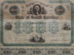 State of South Carolina 1000 share certificate, framed and glazed. 45 x 36.5 cm overall.