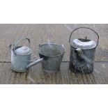 Two galvanized watering cans and a bucket.