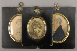 Two 19th century portrait miniatures and a photographic miniature. The latter 10.5 x 12 cm overall.