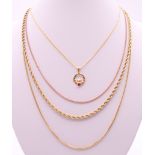 A quantity of 9 ct gold and silver chains. Longest 51 cm long. 19.7 grammes total weight.