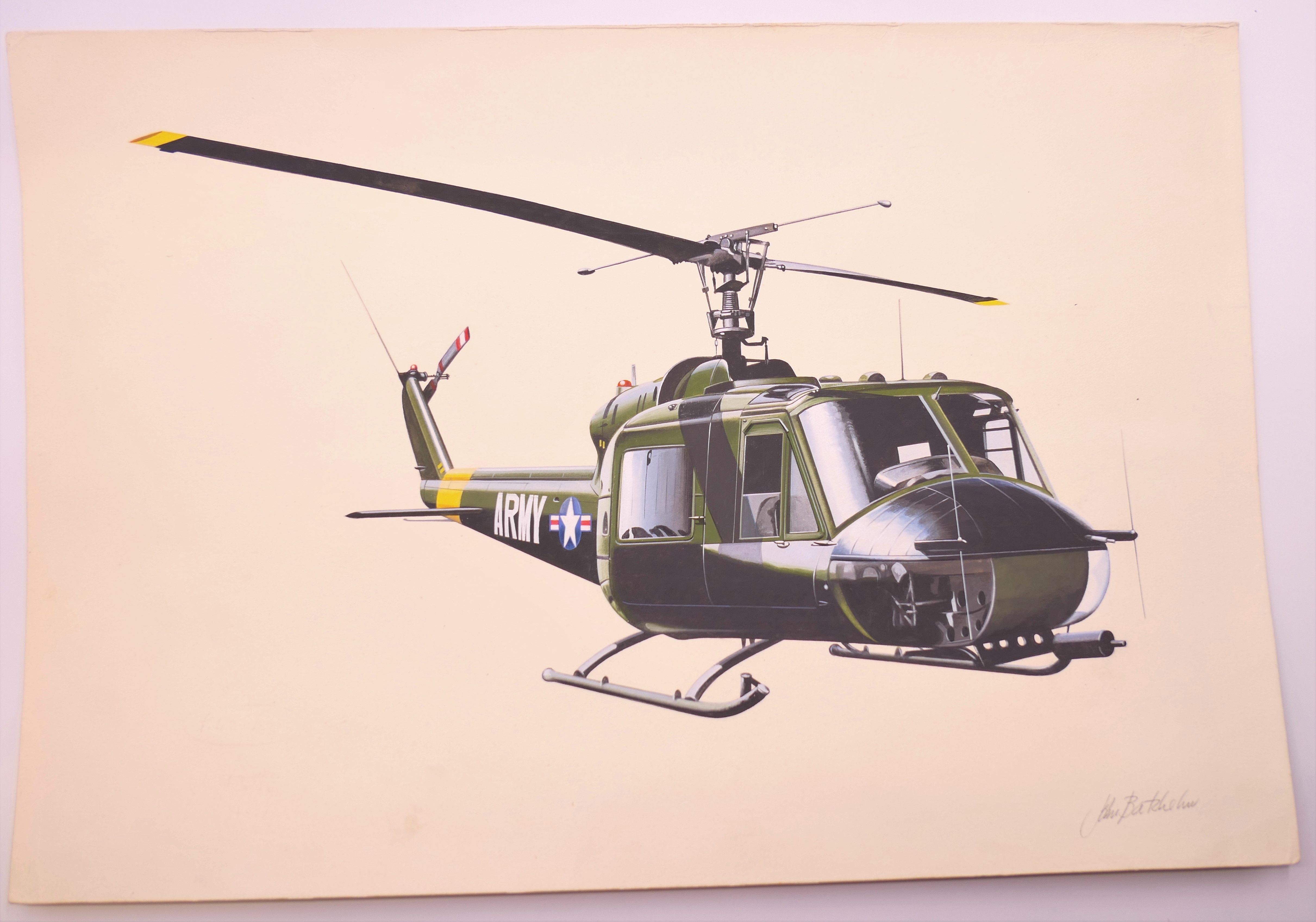 JOHN BATCHELOR MBE (born 1936) British (AR), Apache; Huey; and Bell 47, gouache, all signed, - Image 7 of 13