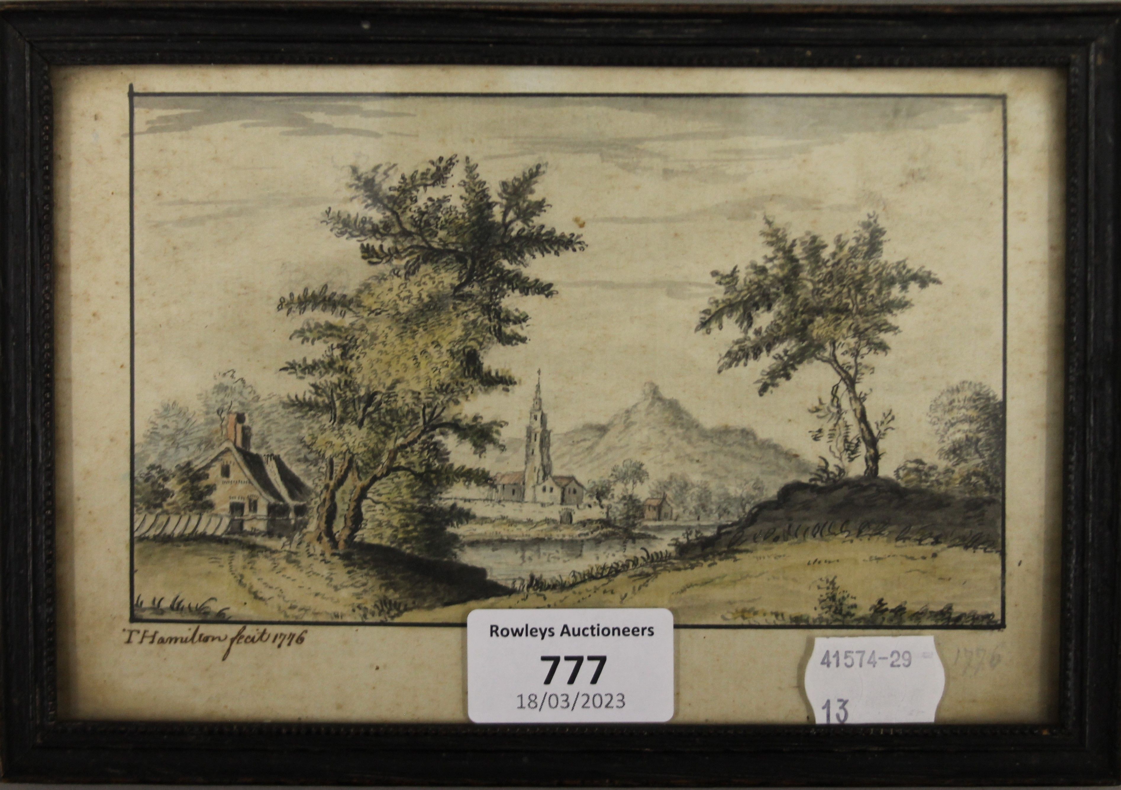 18TH CENTURY SCHOOL, Countryside Scene, watercolour and ink, signed T Hamilton Fecit 1776, - Image 2 of 3