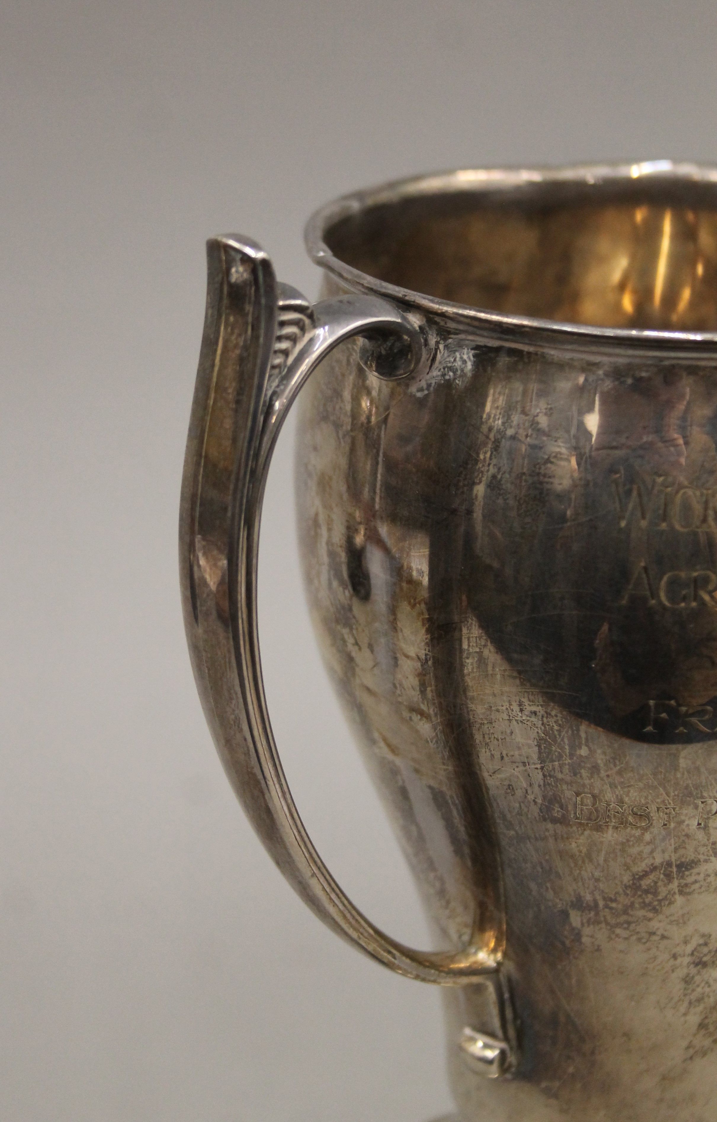 A silver twin handled trophy cup on stand. 24 cm high overall. 366.8 grammes. - Image 5 of 6
