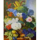 R J ATTLESEY, Flowers and Fruit, After 'Jan Van Os', oil on board, framed. 49.5 x 60 cm.