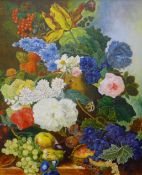 R J ATTLESEY, Flowers and Fruit, After 'Jan Van Os', oil on board, framed. 49.5 x 60 cm.