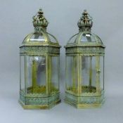 A pair of green crown top lanterns. 59.5 cm high.