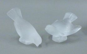 Two Lalique frosted glass birds, one marked Lalique France and the other Lalique R France.