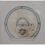 A pair of prints, Cup and Teapot, each framed and glazed. 35 cm squared overall.