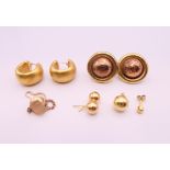 Three pairs of 9 ct gold earrings and a tie clip. Circular earrings 2.5 cm diameter. 15.6 grammes.