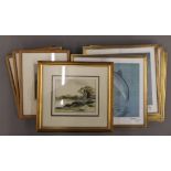 A set of four fishing prints and another, together with a set of four cricketing prints.